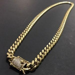 Collana da uomo con catena a maglia cubana in acciaio inossidabile 316L tono oro 18 carati, catena a maglia cubana con diamanti, chiusura con chiusura, 8 mm, 10 mm, 12 mm, 14m210c