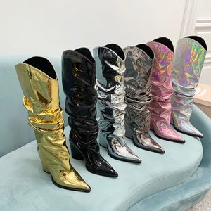 Kadınlar Boot metalik slip-on yığılmış diz yüksek tıknaz blok sivri uçlu ayak parmağı botlar tasarımcı moda parti soğuk ayakkabı fabrika ayakkabı