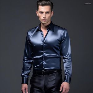 Men's Dress Shirts Clothing Autumn Mens Satin Silk Shirt Long Sleeve Slim Business Formal Casual Tops Classic Polo