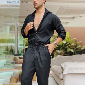 Men's Pants 2023 Men Solid Color Jumpsuit Playsuit Buttons Casual Cargo Clothes Overalls Turn Down Collar Long Sleeve Oversized Waist Pants T230925