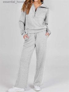 Kadınların Trailtsuits Moda Kadın 2 Parça Kıyafet Seti 2023 Sonbahar Büyük Boy Yarım Zip Sweatshirt Geniş Bacak Swearpant Lounge Set Trailsuit L230925