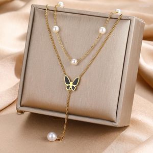 Anhänger Halsketten Edelstahl Gold Farbe Shell Perle Mehrschichtige Schmetterling Kette Halskette Für Frauen Party Mode Schmuck Geschenk