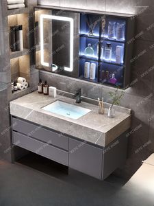 Badrumsvaskar kranar stenplatta skåp fast trä modern intelligensbord tvättbassängkombination