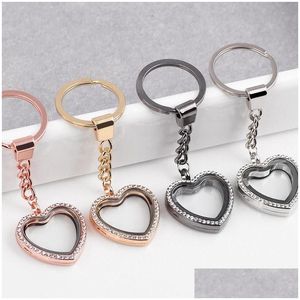 Key Rings Floating Locket Keychains 30X8Mm Fl Rhinestone Heart Glass Ring Fit Charms Chain Fashion Keyring Drop Delivery Jewelry Dhtrv