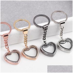 Nyckelringar flytande locket nyckelringar 30x8mm fl rhinestone hjärtglas ring passar charms kedja mode Keyring Drop Leverans smycken DHTRV