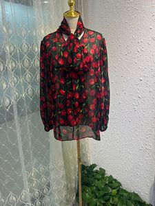 Women's Blouses 2023 Spring Autumn Silk Women Shirt Scarf Collar Fashion Cherry Flower Printing Elagnt Lady High Street