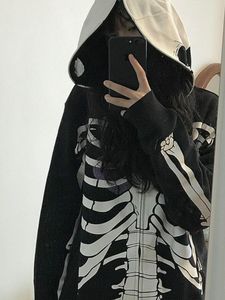 Womens Hoodies Sweatshirts QWEEK Y2K Gothic Zip Up Women Punk Oversized Skull Skeleton Print Black Hip Hop Loose Tops Jacket Grunge 230925