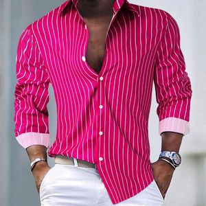 メンズカジュアルシャツのストライプ長袖のマンストリートウェアスタイルピンクソーシャルドレス男性衣装クラブパーティーボタントップ