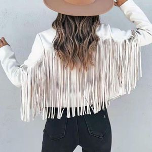 Kvinnorjackor Autumn Women Y2K fransade hem Tassel Cardigan Crop Tops E-Girl Motor Biker Jacket Suede Leather 90s Vintage Streetwear Coa