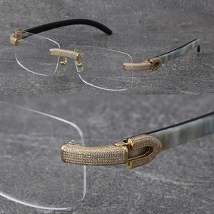 Hela nya svarta mixar White Buffalo Horn Frames Eyewear Rimless Micro-Paved Diamond Set Glasses Male and Female 18K Gold Frame G169i