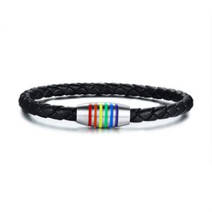 Svart stolthet äkta läder armband regnbåge gay lesbiska armband rostfritt stål smycken med magnetisk lås PB-014B264Z