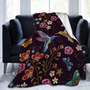 Filtar kolibri Bird Fleece Throw Filt Ultra Mjuk mysig blommande blommor Dekorativ flanell hela säsongen för hemma soffa