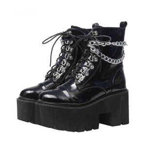 HBP Stiefel Lack Leder Gothic Schwarz Frauen Ferse Sexy Kette Chunky Plattform Weibliche Punk Stil Ankle Boot Reißverschluss 220805