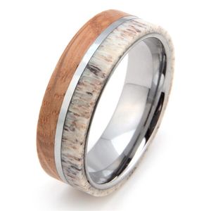 MENS WOMENS 8MM Tungsten Carbide Ring Deer Antler och Whisky Barrel Wood Inlay Wedding Band Comfort Fit Size 7-13 Inkludera Half Siz269p