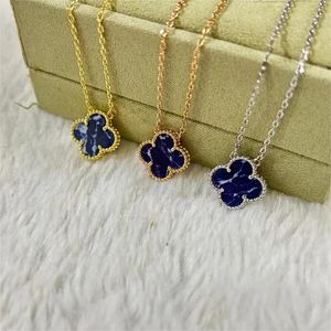 Love Clover Luxury Designer Charm Pendant Necklaces for Women Girls Silver White Gold 5 flowers Leaf Blue Pietersite Stone Link Chain 15mm Choker Necklace Jewelry