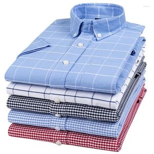 Men's Casual Shirts Summer Cotton Shirt For Men Blue Plaid Business Half Sleeve Clothing Oxford Mens Button Up Short