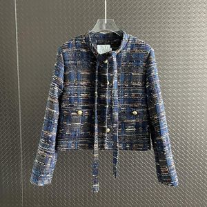 Women's Jackets Fall Winter French Elegant Colorful Woven Bow Tie Tweed OL Coats Vintage Ladies Slim Jacket Female Outwear Top Casaco