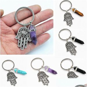 Key Rings Fashion Crystal Chains Jewelry Accessories Natural Stone Antique Symbol Evil Eye Fatima Hand Pendant Keychains Bag Car Drop Dh7Os