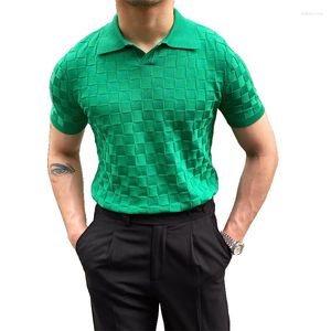 Polos Men Men Summer Plaid Knity Polo koszule 2023 Vintage zielone zielone krótkie koszulki z klapami z krótkim rękawem