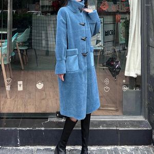 Women's Fur 2023 Autumn-Winter Women Wool Coat Long Sleeve Horn Button Warm Granular Fleece Mid-Dength Female