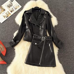 Frauen Leder Herbst Zwei Stück Frauen PU Mantel Rock Zipper Kurze Motorrad Jacken Weibliche Große Größe Faux Mäntel Streetwear WZ2282