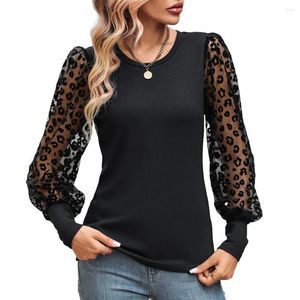 Kvinnors blusar Blusa Spring Fall Top se-Through Mesh Leopard Print rund hals stickad smal fit lapptäcke långärmad pendeltröjor