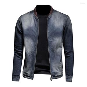 Giacche da uomo Primavera Stile Europeo Colletto alla coreana Colorblock Bomber Pilota Blu Giacca di jeans Uomo Jean Cappotto Moto Abbigliamento casual Soprabito