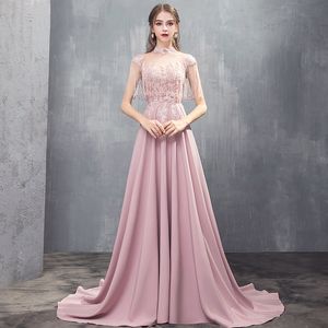 2023 new Mother Of The Bride Dresses satin Pink beaded tassels high Neck Illusion Lace Appliques Flowers Chiffon Party Evening Wedding Guest Gown plus size prom dress