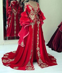 Arabic Turkish Elegant Red Satin Evening Dresses Flare Long Sleeves Formal Dress Gold Lace Appliques Beaded A Line Celebrity Party Gowns For Women 2023 Occasion