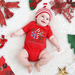 Rompers My First Christmas Kids Red Short Sleeve Jumpsuit Fashion Toddler Boy Girl Spädbarnsdräkt Kläder Söt hjorttryck Xmas Gift 230925