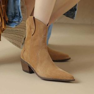 Inverno clássico chelsea botas para mulher vaca camurça dedo do pé pontudo cunha tornozelo simples confortável cowboy 230922