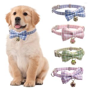 Dog Collars Adjustable Candy Color Plaid Cat Collar With Bell Safety Buckle Kitten Bow Tie Pets Necklace Puppy Small Dogs Rabbits Neck Strap