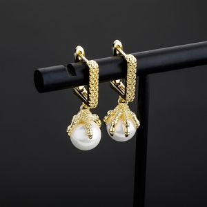 Dragon Claw Pearl Earrings Mens Womens Gold Dangle Earrings Fashion Hip Hop Jewelry309K