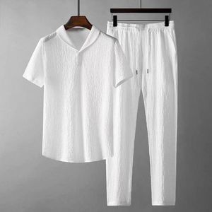 Herrspårar 2PCSSet Summer Outfits Set Pure Color Short Sleeve Shirts Pants Two Piece Set Men 230923