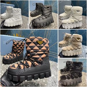 Placa Designer Nylon Gabardine Apres-ski Shearling Botas Mulheres Outono Inverno Pano Impermeável Quente Dentes Grandes Sola Grossa Botas de Neve Tamanho 35-42