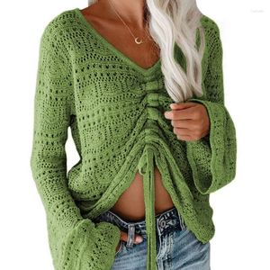 Frauen Pullover Mode Herbst Und Winter Sexy V-ausschnitt Langarm Offenen Nabel Hohl Flare Grün Kordelzug Gestrickte Pullover Blusas