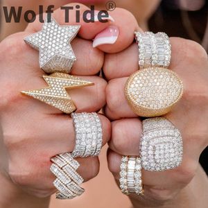Hip Hop Cubic Zirconia Pentagram Finger Ring Band Mens Iced Out Gold Bling Baguette Diamond rings for Women Men Boyfriend Weddiing Aesthetic Jewelry Bijoux Gifts