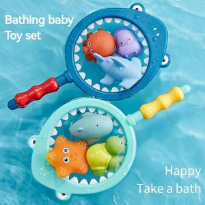 Bath Toys Baby Bath Rubber Toys Spray Water Net Fishing Set Children Animal Kneading Vocal Floating Toys Baby Net Fish Games Badrum Toy 230923