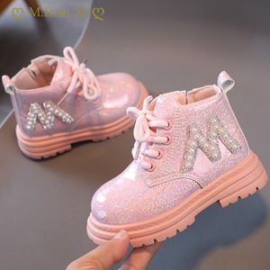 Boots Girls Short Autumn Winter Shiny Pearls Single Little Boys Fashion Ankle Pink White Black Kids Shoes 230925