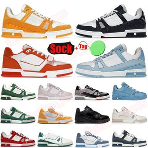 Mulheres de luxo Mens Casual Designer Sapatos Virgil Em Relevo Abloh Branco Preto Rosa Monogramas Denim Azul Marca Flat Bezerro Plataforma De Couro Treinador Baixo Top Sneakers