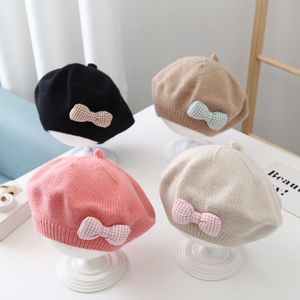 Caps Hats Baby Sweet Bow Beret Hat Autumn Winter Solid Color Soft Warm Bowknot For Kids Girls Korean Casual Artist Painter Cap 230925