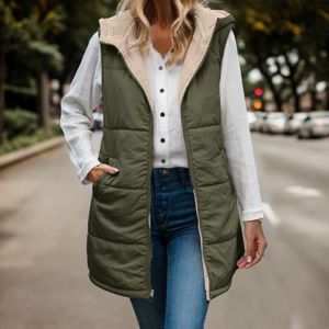 Kvinnors västar Autumn Winter Fleece Vest Cotton Coat Hooded Solid Color Sleeveless Zipper Streetwear Reversible Mid Length Jackets Tops 230925