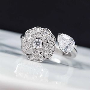 Luxus Marke Reinem 925 Sterling Silber Schmuck Rose Kamelie Diamant Klee Blume Hochzeit Ringe Top Qualität Feines Design Party2681