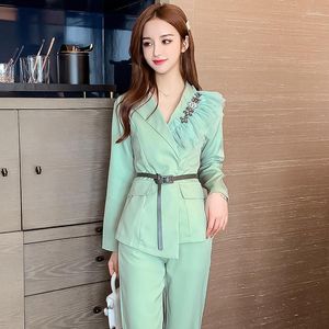 Kvinnors tvåbitar byxor 2023 Autumn Long Sleeve Blazer Trouses Office Two-Piece Set Women Business Stylish Lady Elegant Formal Suit