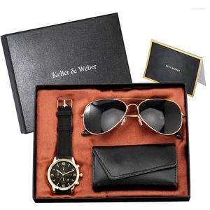 Wristwatches Casual Men's Analog Quartz Wrist Watch Deco Dial Fashion Sunglasses Leather Key Holder Special Gift Set To Husband Boyfriend