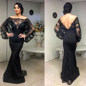 Evening Dresses Black Prom Party Gown Formal Mermaid Long Sleeve New Custom Plus Size Zipper Lace Up Lace Bateau Satin Backless Applique