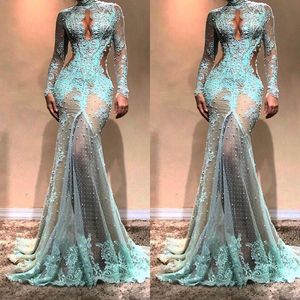 Luksusowy luksusowe pełne koronkowe perły Sukienki wieczorowe Dubai See Through Illusion High Split Formal Prom Cutaway Side Celebrity Suknie