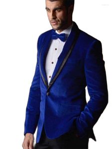 Erkekler Kraliyet Blue Velvet Ceket Groomsmen Şal Kapan Damat Smokin Blazer Pantolon Takım Düğün Adam Takımları (Ceket Siyah Pantolon Kravat)