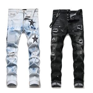 kvinnor svart staplade byxor män mager designer jeans vintage tvätt fast blå rak passform lång casual denim byxor vår sommar streetwear