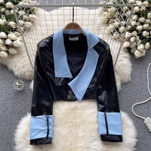 Women's Leather Streetwear Fashion Contrast Color Irregular Lapel Faux PU Jacket Spring Autumn Women Slim Short Motorcycle Biker